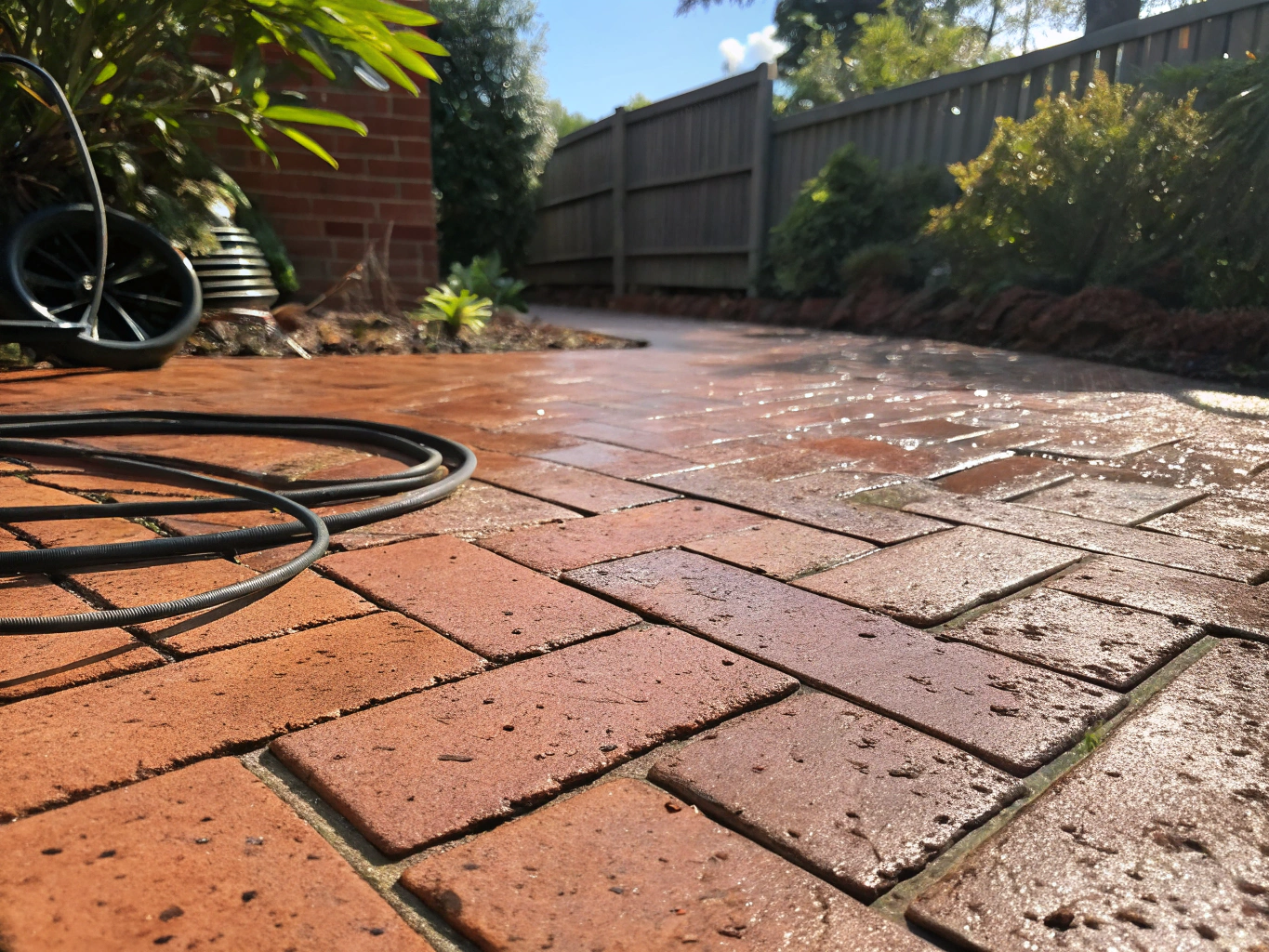 Brick patio surface after pressure washing