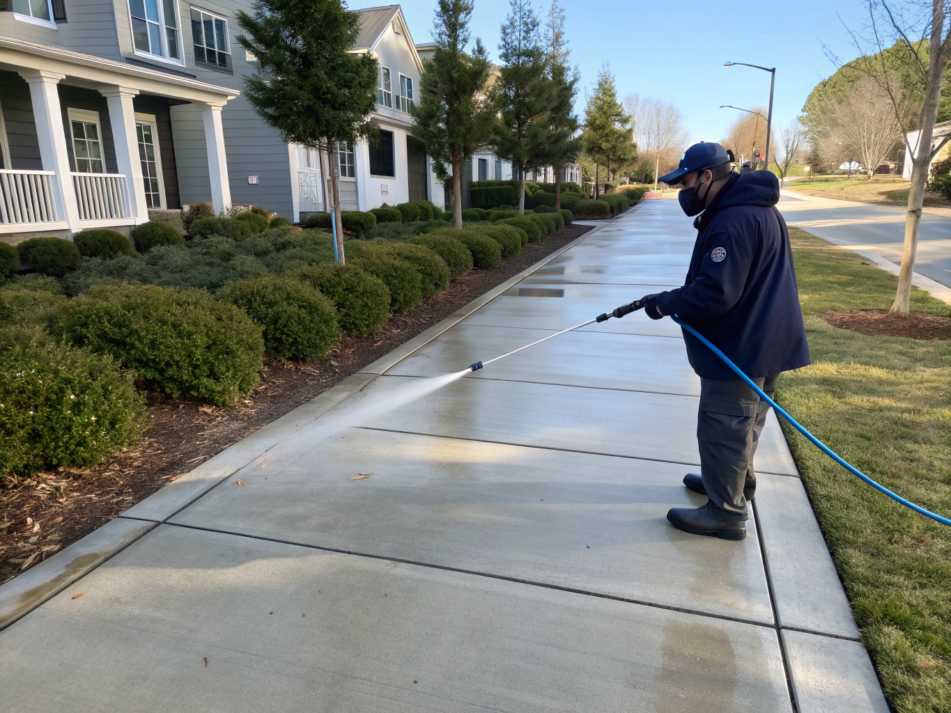 Commercial sidewalk cleaning in progress