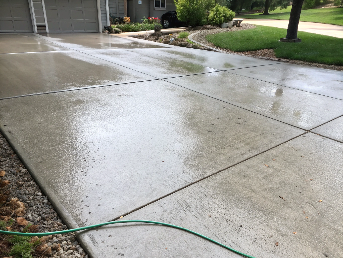 Close up of concrete driveway being cleaned
